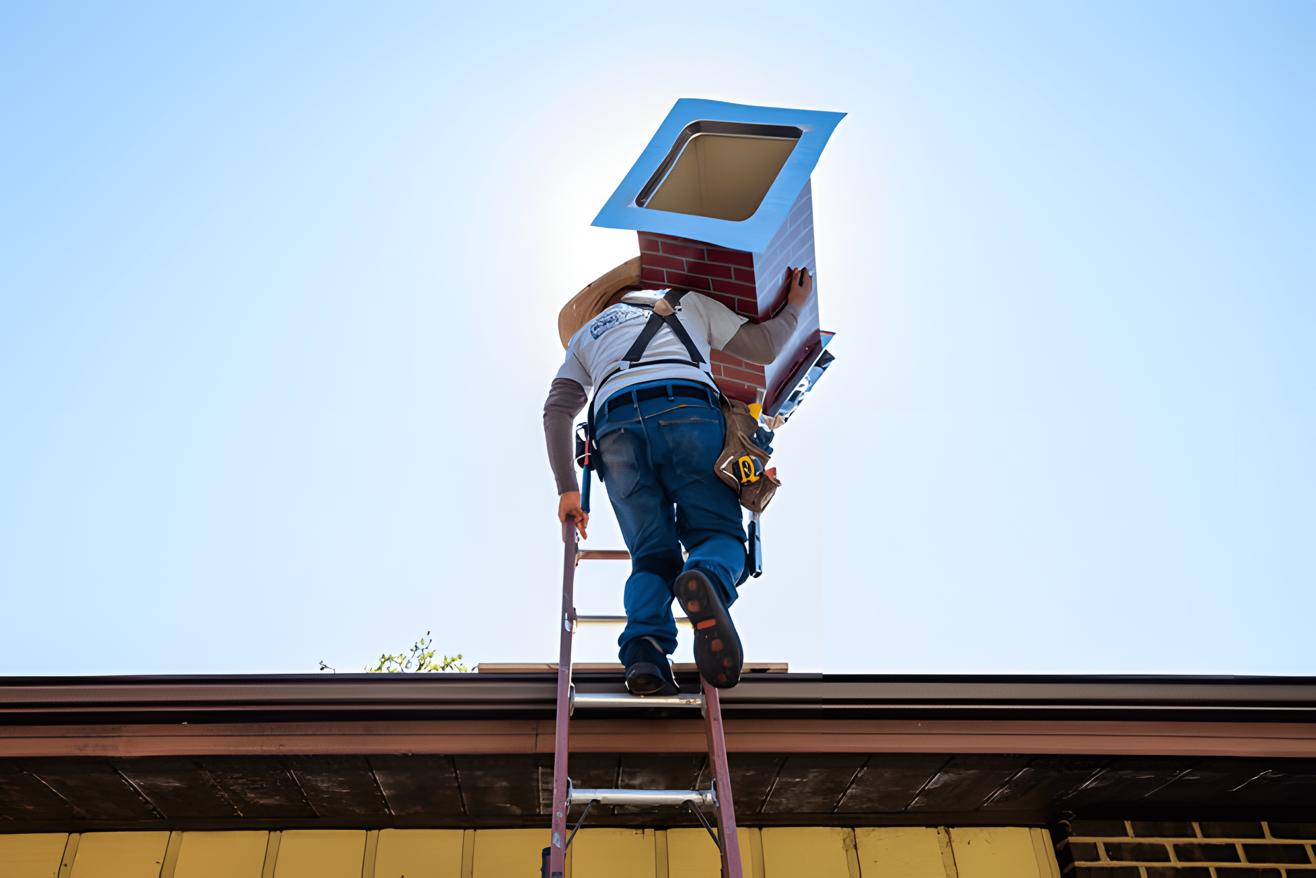 Professional roofer working on chimney installation